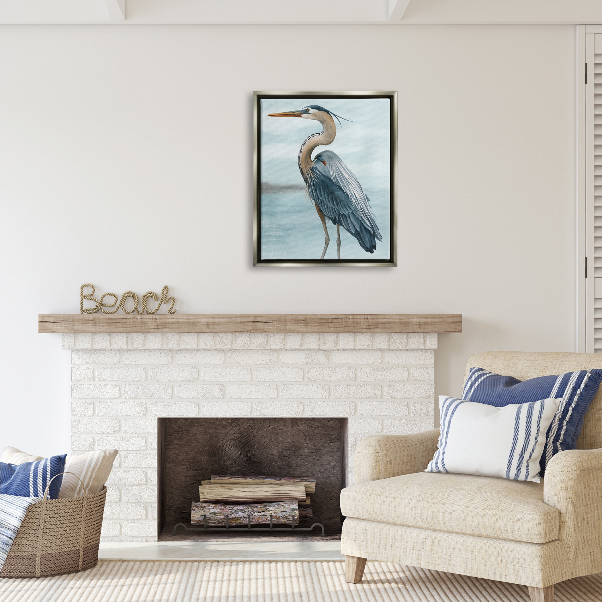 Stupell Industries Heron Bird on Beach Animals & Insects Painting Gray Floater Framed Art Print Wall Art, 25 x 31