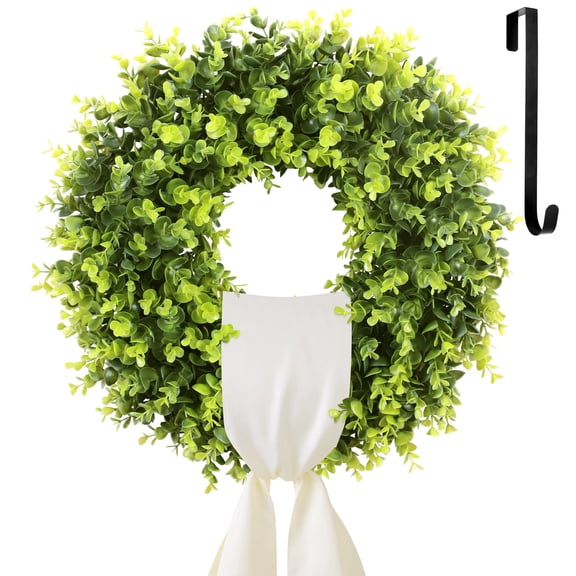 HKKDKTA 20'' Boxwood Wreath, Artificial Boxwood Wreaths for Front Door, Spring Summer Green Wreath with Wreath Sash Indoor Outdoor Home Decor