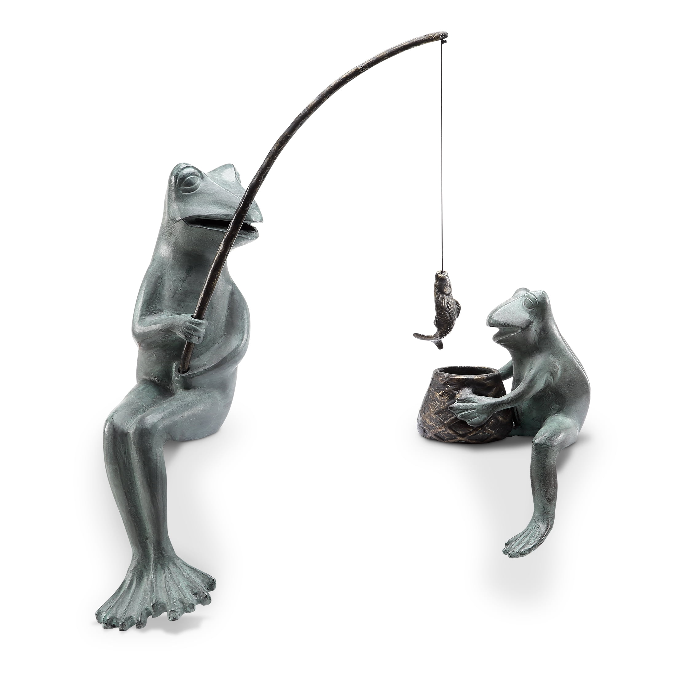 Fishing Frogs Verdigris Green Metal Garden Sculpture Pair