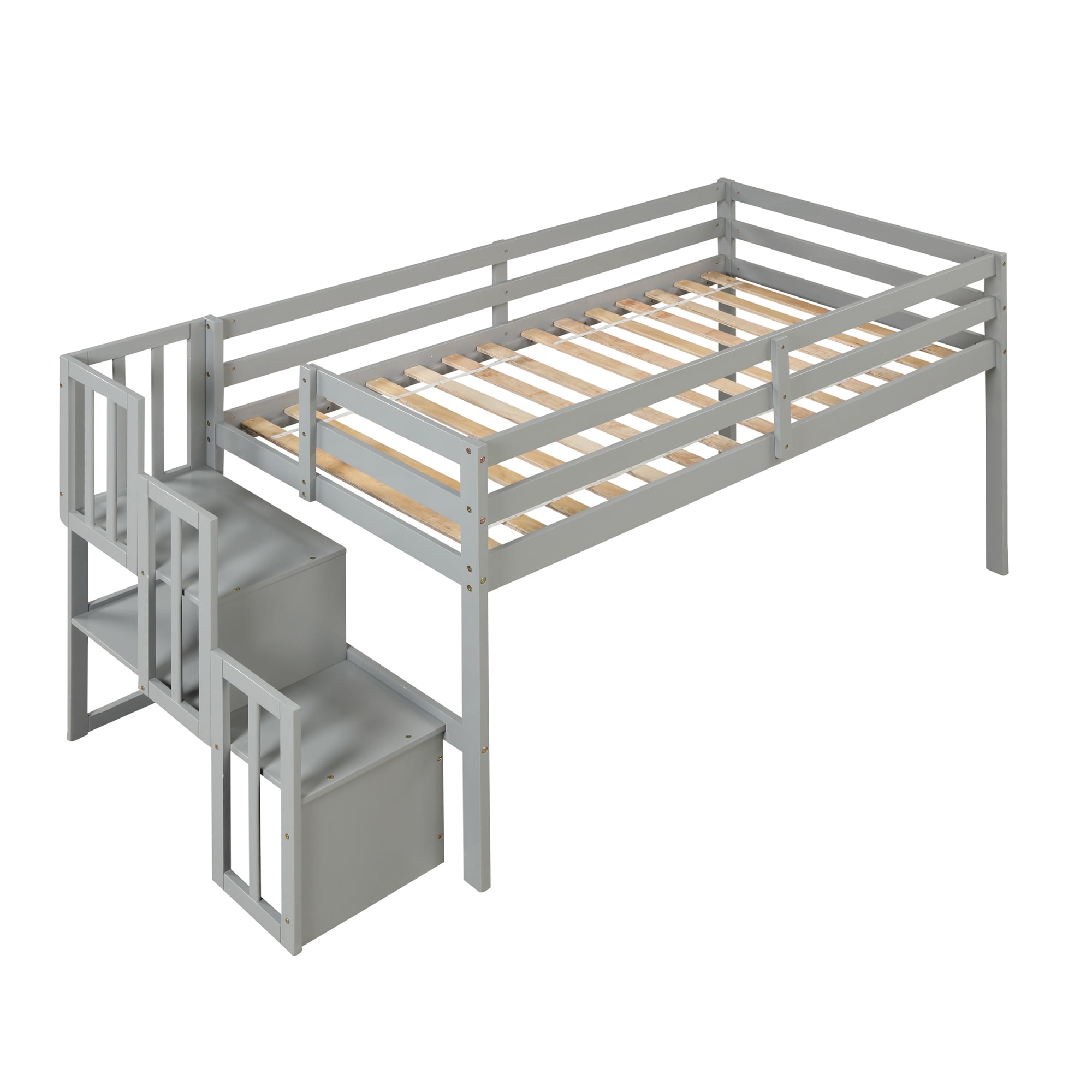 Gewnee Wood Twin Low Loft Bed with Storage Staircase and Safety Guardrails for Kids,Gray