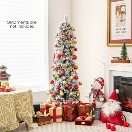 Costway - 4.5 FT Pre-Lit Slim Christmas Tree Flocked Decoration with Pine Needles & Lights - Green /White