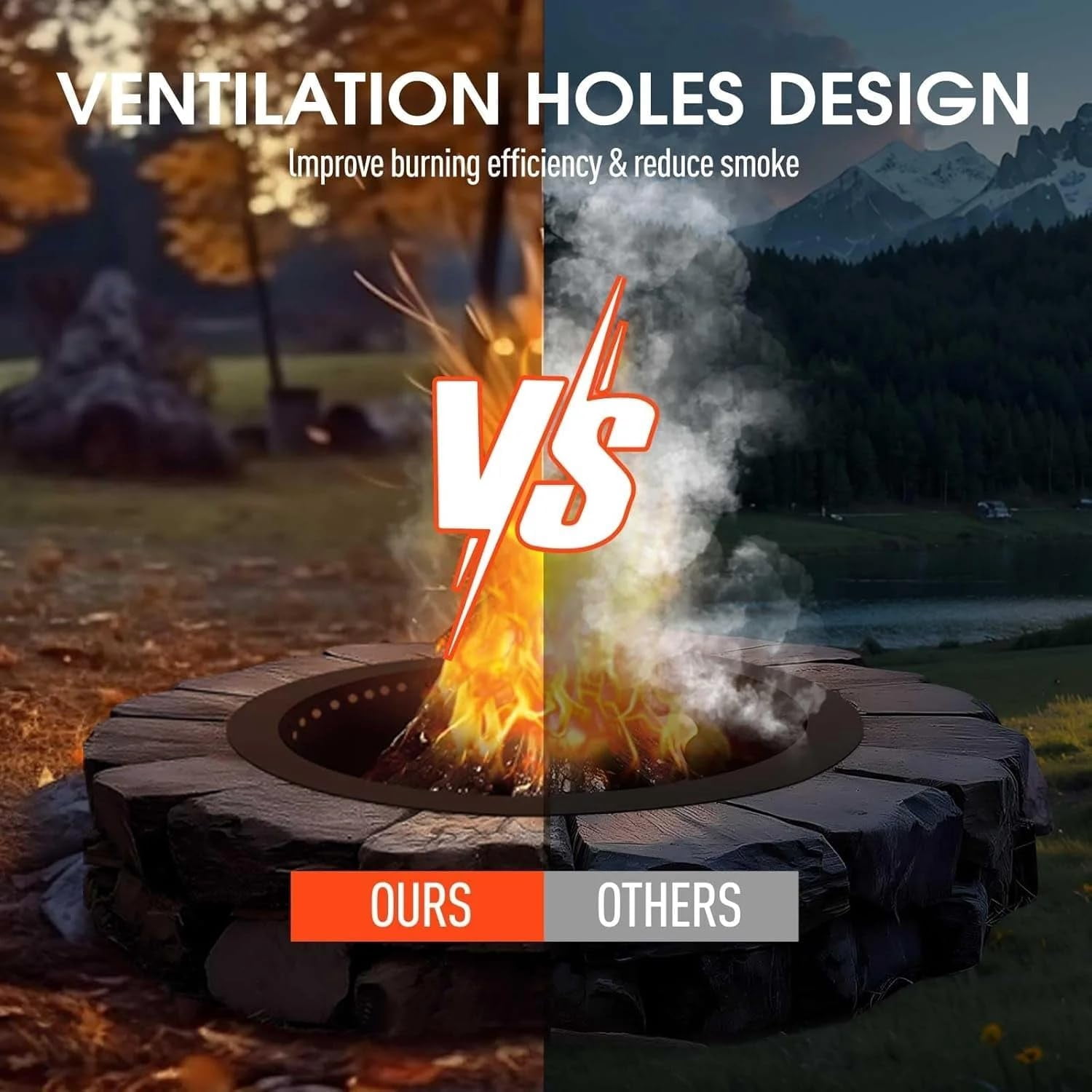 60 Inch Smokeless Fire Pit, Made of Carbon Steel, Outdoor Round Garden Fire Pit with Ventilation Holes, DIY Campfire Ring, Suitable for Burning Firewood