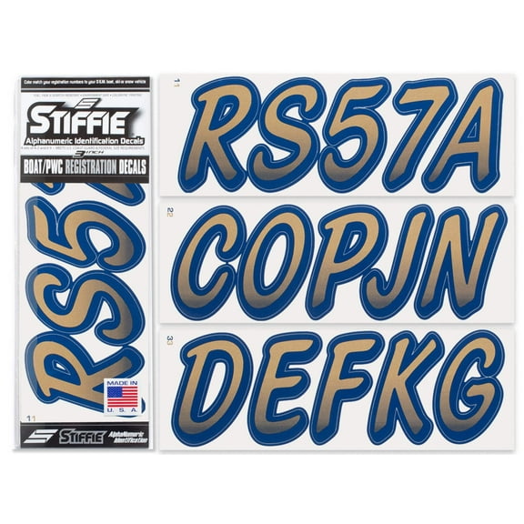 STIFFIE Whipline Metallic Gold / Navy 3" Alpha-Numeric Identification Custom Kit Registration Numbers & Letters Marine Stickers Decals for Boats & Personal Watercraft PWC