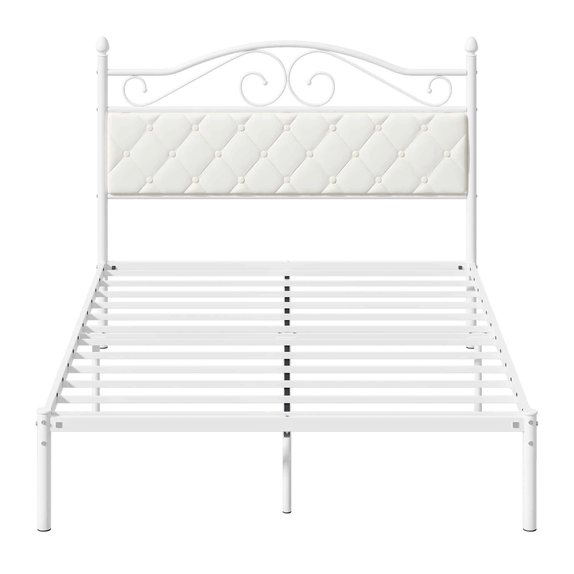 Yoneston Full Size Metal Platform Bed Frame with Faux Leather Upholstered Headboard for Adults Kids Bedroom Furniture, White