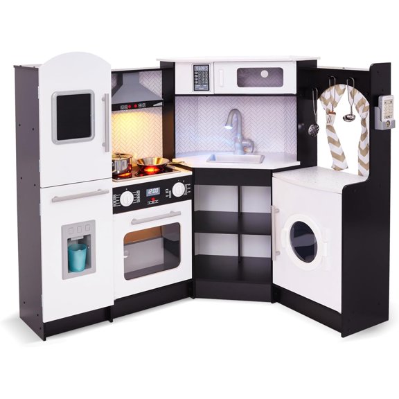 Lil' Jumbl Wooden Play Kitchen Corner Black for Kids with Stovetop and Faucet