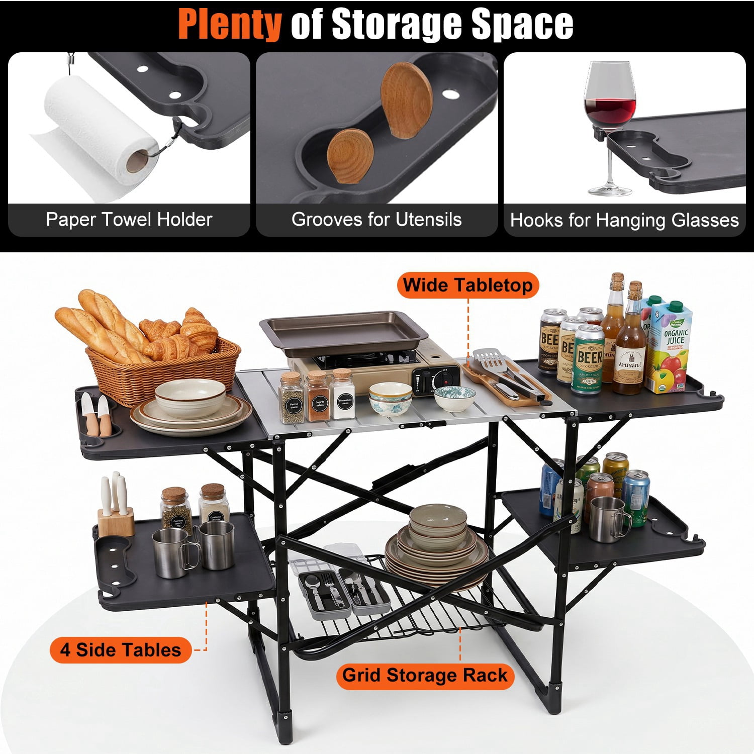 Folding Camping Kitchen Table with 4 Side Tables and Storage Rack