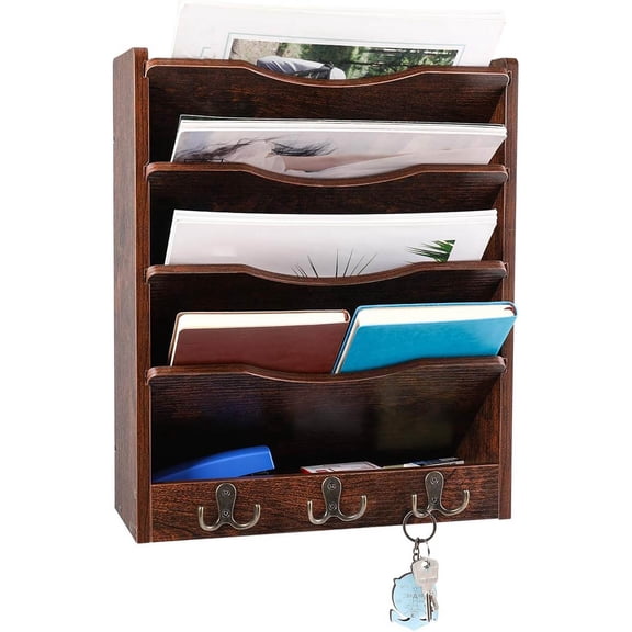 Wall File Holder Hanging Mail Organizer Wood Magazine Literature Rack with Hooks, Brown