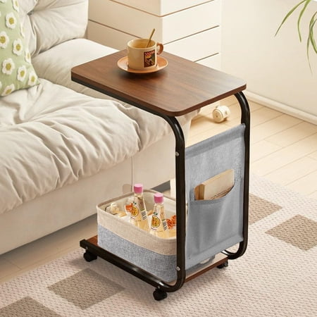 C Shaped Side Table, Small C Table End Table for Sofa and Bed, Modern Couch Tables That Slide Under, Wooden C Shaped End Table for Couch, C Shaped Coffee Table with Mobile Storage Basket (Walnut)