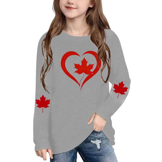 Amzcrzy T-Shirts Graphiques pour Garçons et Filles, Col Rond Tendance, Imprimé Feuille d'Érable, T-Shirts pour Tout-Petits et Ados, Décontractés et Confortables, Manches Longues, Coton, Tee Shirt 7 Ans