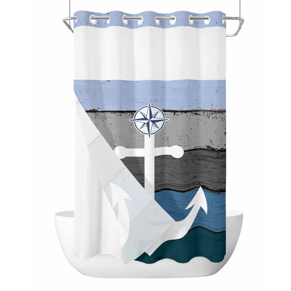 No Hook Shower Curtain with Snap-in Liner, Blue Nautical Anchor Waterproof Fabric Bathroom Curtains, Rustic Distressed Wood Grain Bath Curtains & Mesh Top Window Stand Up Stall 36"x72"