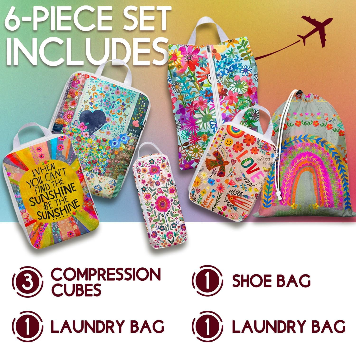 6 Set Compression Packing Cubes for Suitcase,Travel Essentials,Boho Floral Packing Cubes for Travel, Organizer Bags for Backpack/Carry-On Luggage,Ultralight and Waterproof