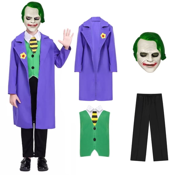 IROOZIGOTO 4 Piece Halloween Costume Set Long Lapel Collar Long Sleeve Villain Clown Cosplay Party Outfit with Mask