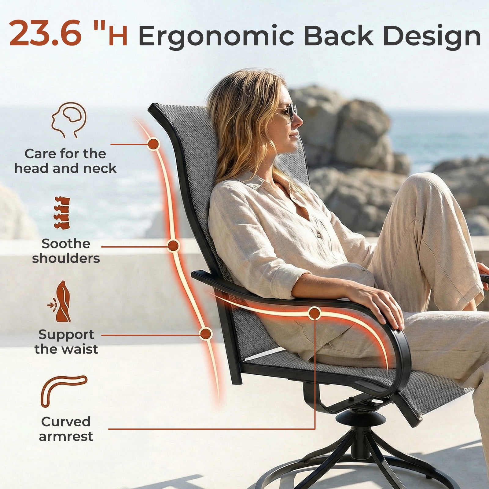 TLSUNNY Patio Swivel Dining Chairs Set of 2, 360° Swivel Outdoor Dining Chairs W/ High Back, Metal Frame, for Lawn, Garden, Deck (Table Not Included)
