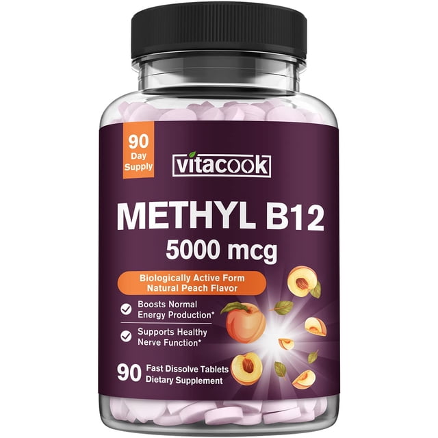 suplemento Vitacook de vitamina B12, metilcobalamina 5000 mcg, frasco de 90 tabletas de disolución rápida con sabor natural a melocotón; etiqueta frontal morada con texto 'METHYL B12 5000 mcg' y marca VitaCook, tabletas rosadas visibles dentro del frasco, vista frontal centrada. Ideal como suplemento vegano para apoyo energético y nervioso.
