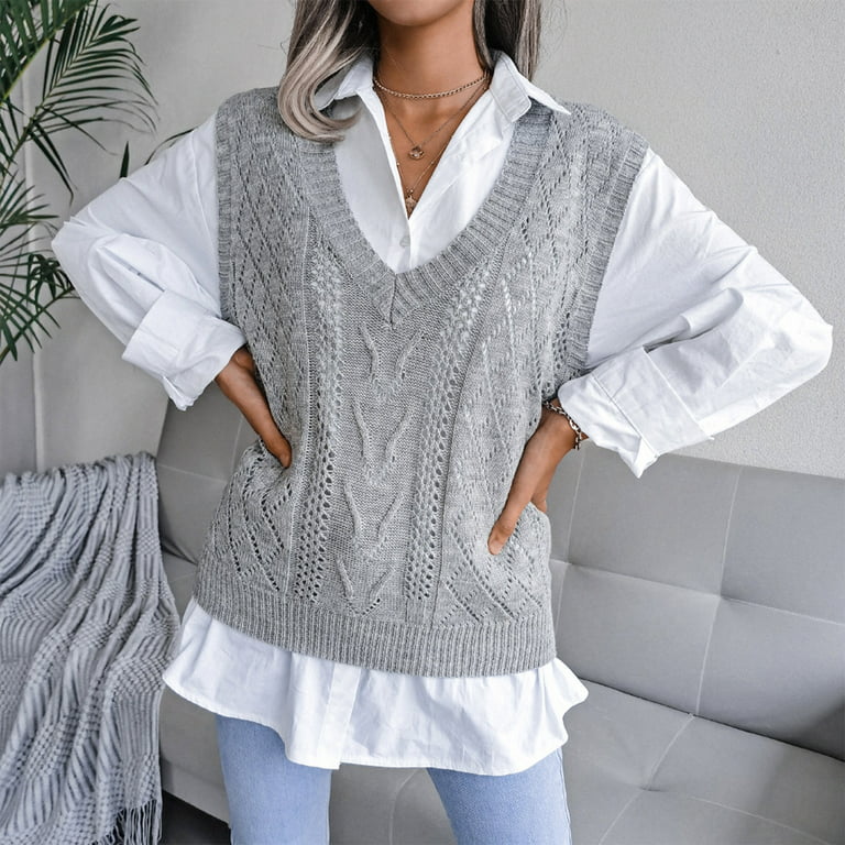 Women's Aesthetic Clothes V-Neck Casual Loose Knit Sweater Vest Vests TBKOMH