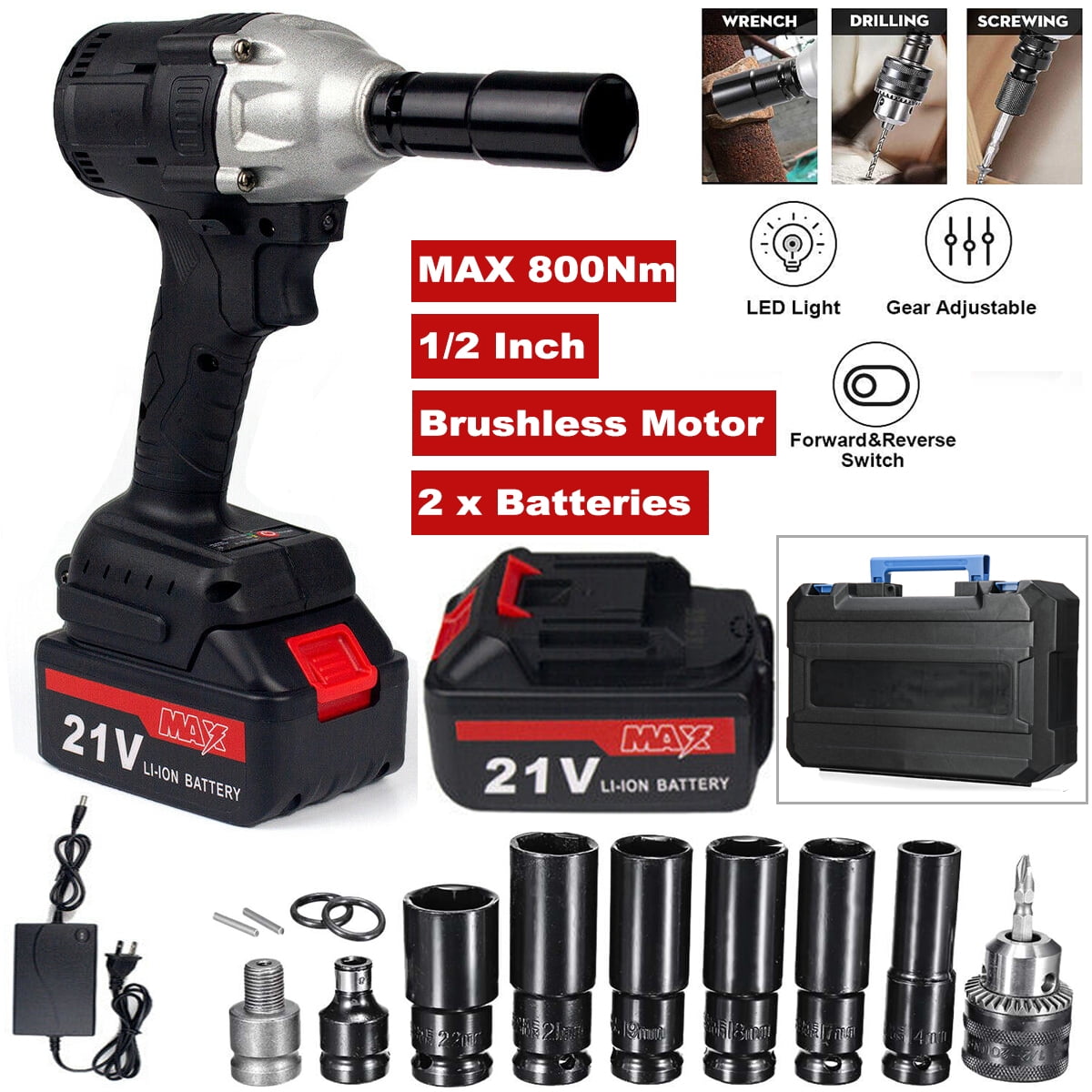 iMeshbean 800N.M 21 V LithiumIon Brushless Impact Wrench Kit,Brushless