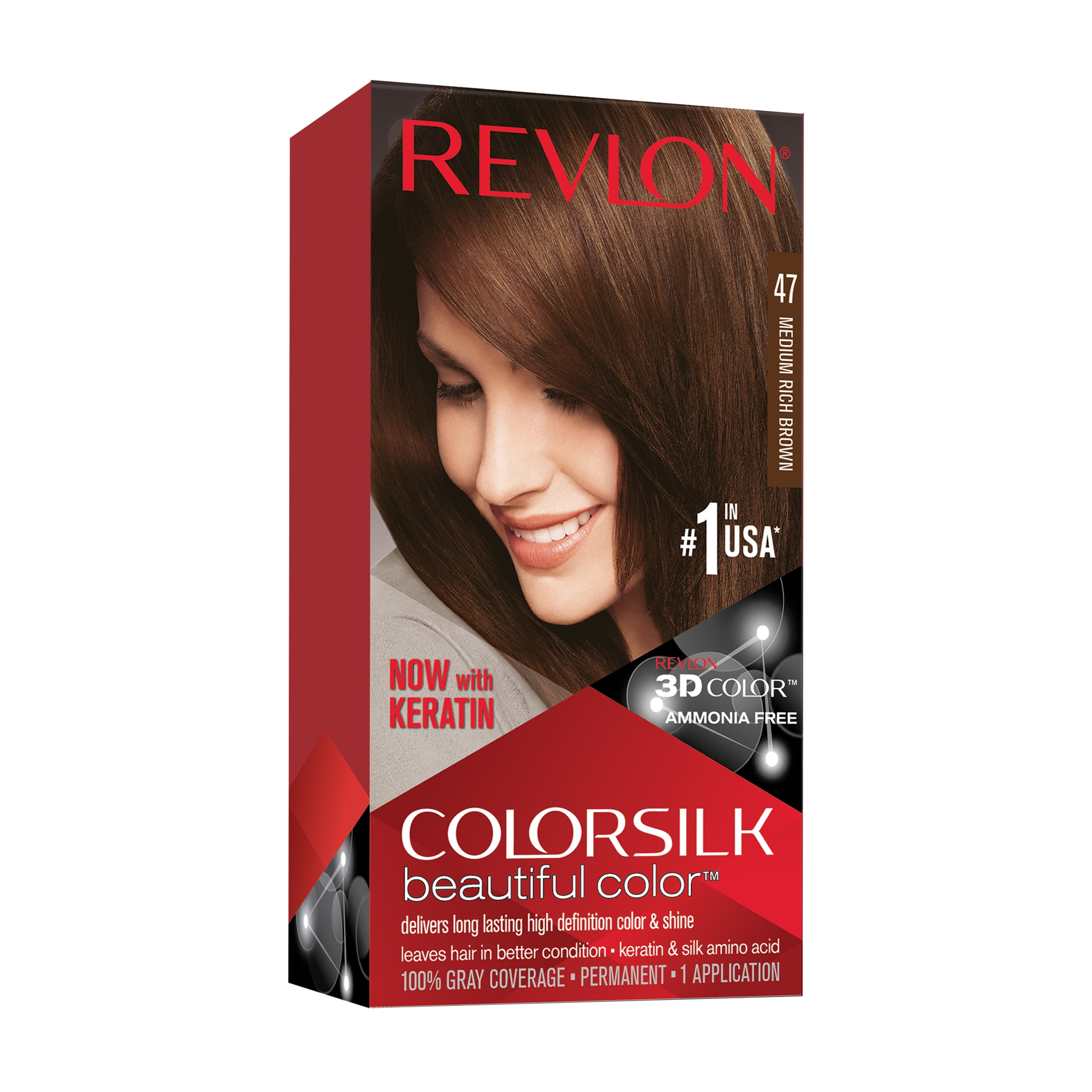 Revlon Colorsilk Beautiful Color Permanent Hair Dye, Dark Brown, At-Home  Full Coverage Application Kit, 47 Medium Rich Brown, 1 count - Walmart.com