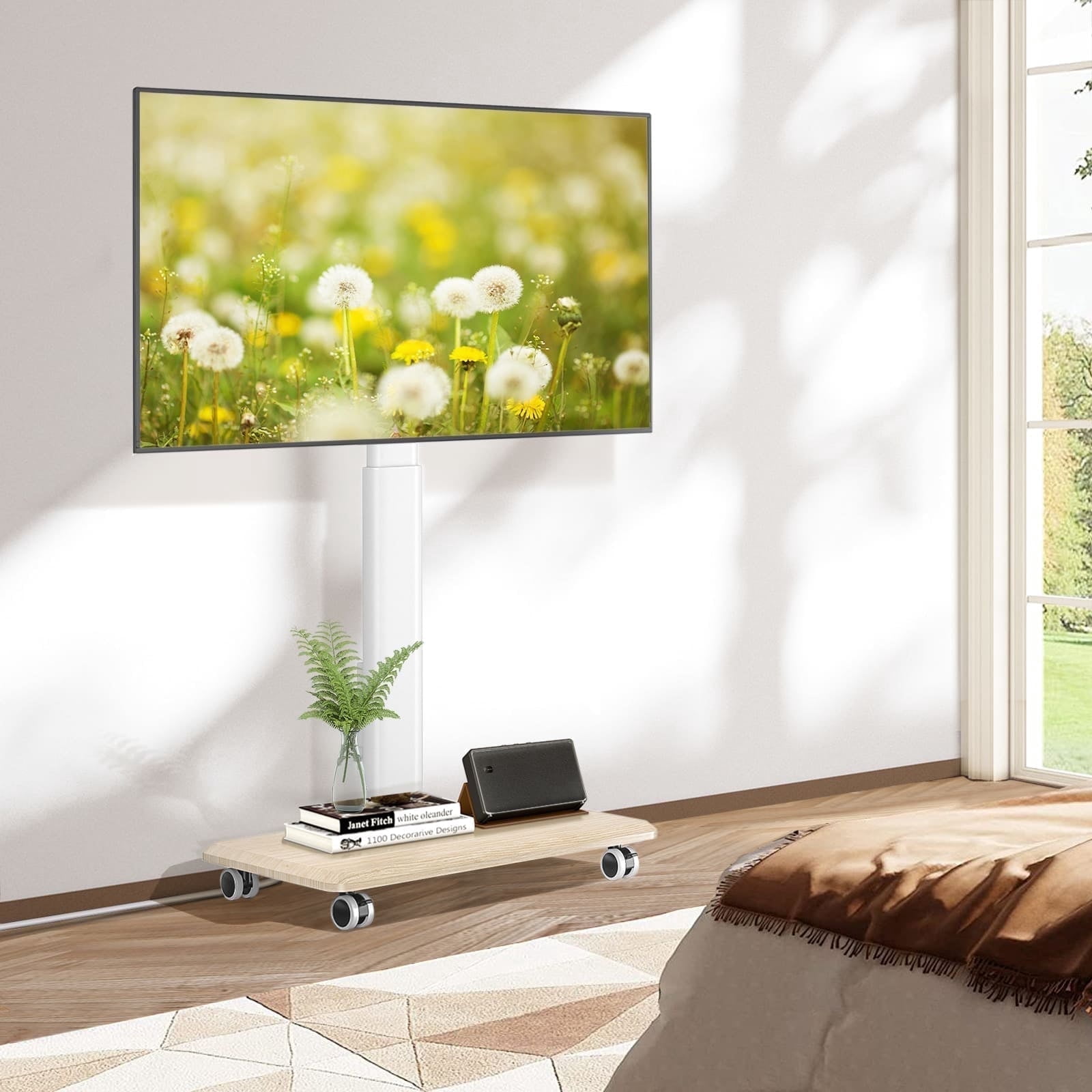 RTVR Mobile Rolling TV Stand on Wheels & Power Outlet for 32-70 inch Screens, Adjustable Indoor Outdoor TV Mount Stand with Wooden Base, White