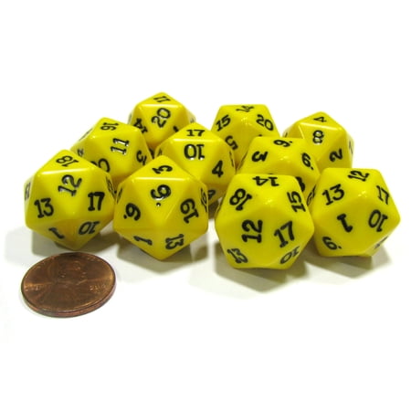 Koplow Games Set of 10 Twenty Sided 19mm D20 Opaque RPG Dice - Yellow with Black Numbers Die #02821