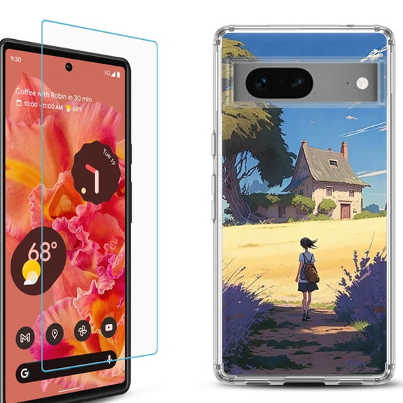 OneToughShield ® for Google Pixel 7a Shockproof Bumper Phone Case, with Tempered Glass Screen Protector - Lavender Summer