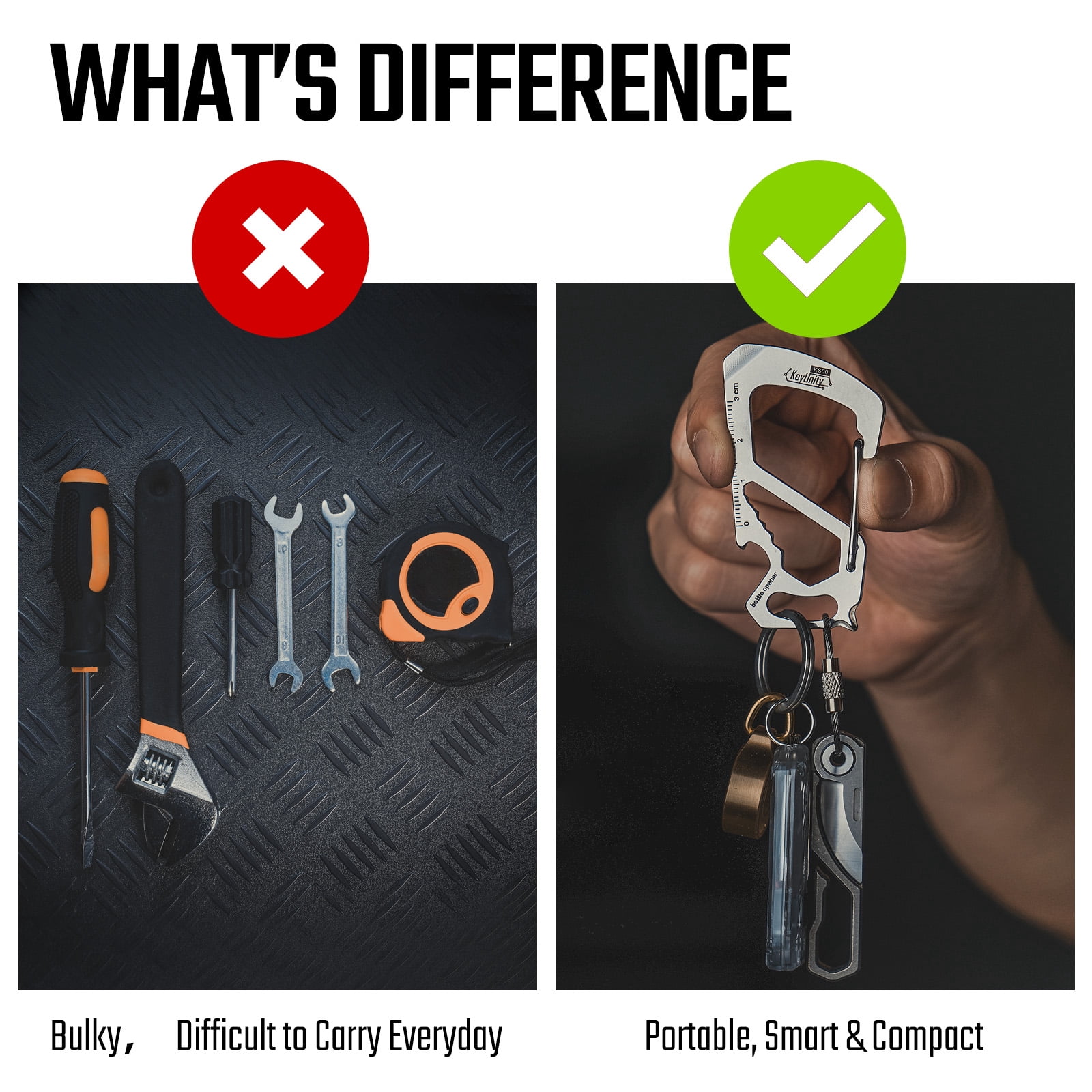 Key Unity 7-in-1 Stainless Steel Carabiner Clip, KS00 EDC Multitool with Ruler, Bottle Opener, Wrench, Key Clip, Pry Bar, Phillips Screwdriver and Slotted Screwdriver, Sliver