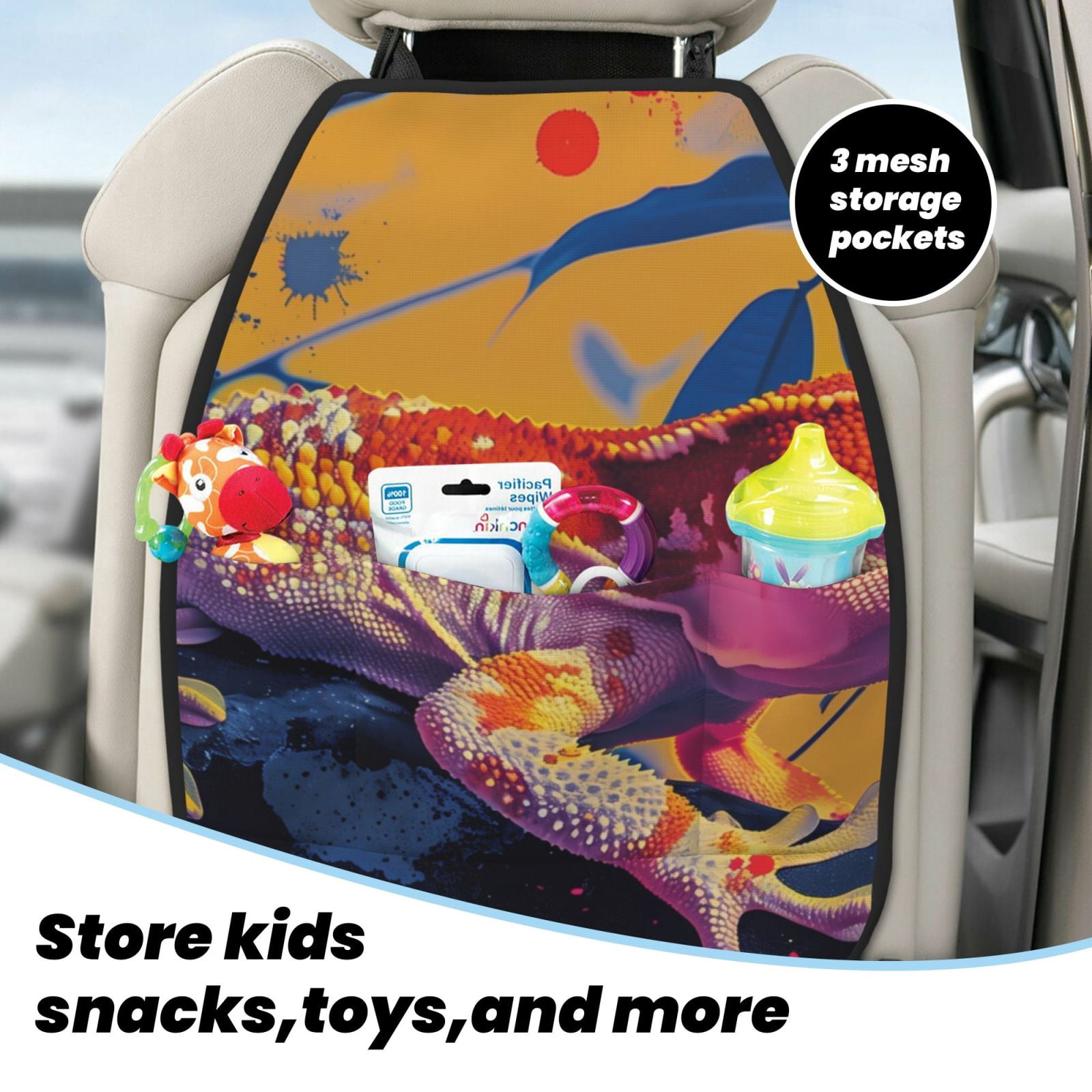Kdxio Colorful Gecko Jungle Art Print 2 Pack Car Kick Mat Seat Cover Back Protector Mat with Pockets for Organizer Backseat Protector and Storage Anti Kick Pad for Vehicles