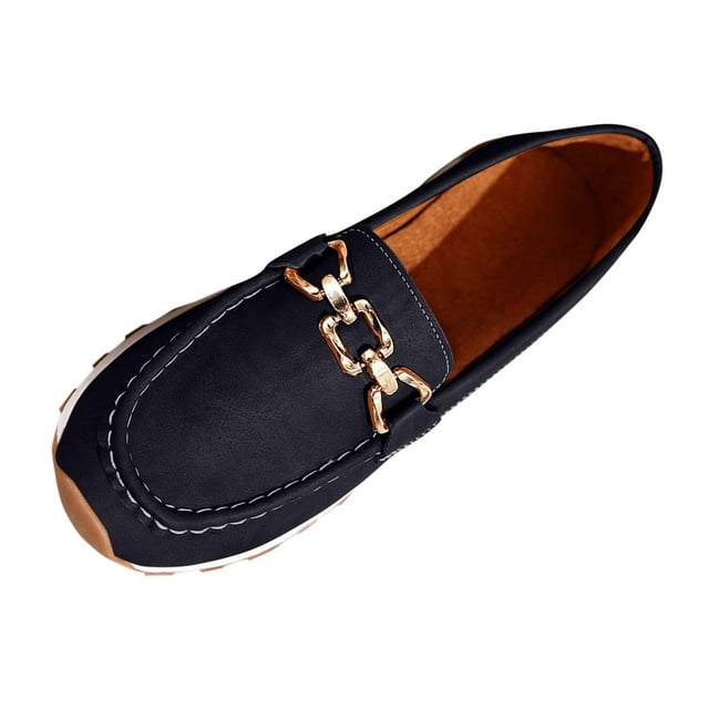 Black Women Trendy Leisure Adaptable Metal Chain Warm Weather Supportive Flat Platform Loafers For Everyday Activities