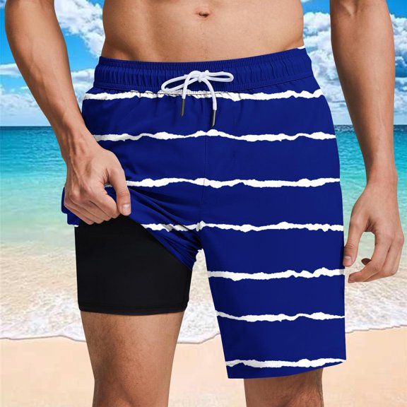 PNTUTB Summer Men's Fashion Striped Elastic Drawstring Relaxed Comfort Lined Beach Shorts with Pockets