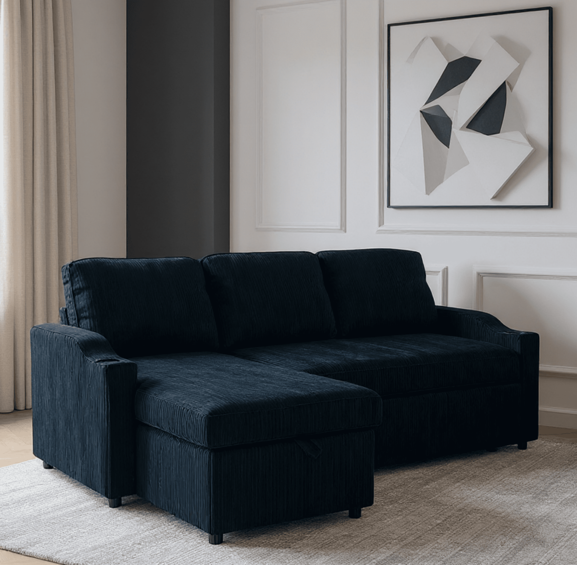 Gewnee Pull Out Sofa Bed,3 In 1 Sleeping and Seating Sofa with Storage Function,with Corduroy Fabric L-shaped Sofa,Suitable for Living Room,Bedroom and Apartment(Black)