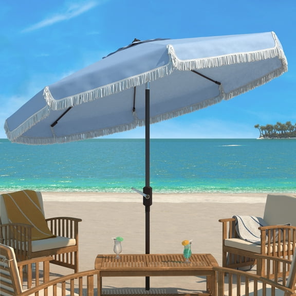 SAFAVIEH Milan 9' Market Crank Fringe Tilt Patio Umbrella, Baby Blue/White