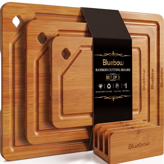 Bluebow Cutting Board Set of 3, Bamboo Chopping Board with Holder, Cutting Boards 3-Pieces Set with Juice Groove and Handles for Home Kitchen, Reversible Charcuterie Board for Meat, Fruits