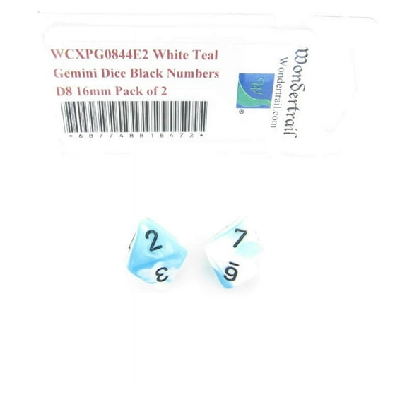 White and Teal Gemini Dice with Black Numbers D8 Aprox 16mm (5/8in) Pack of 2 Wondertrail