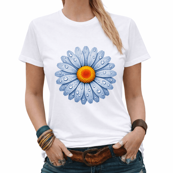 Botanical Blue Daisy Water Drop Flower Graphic Tees Womans T-shirt Tops Black/White S-5XL