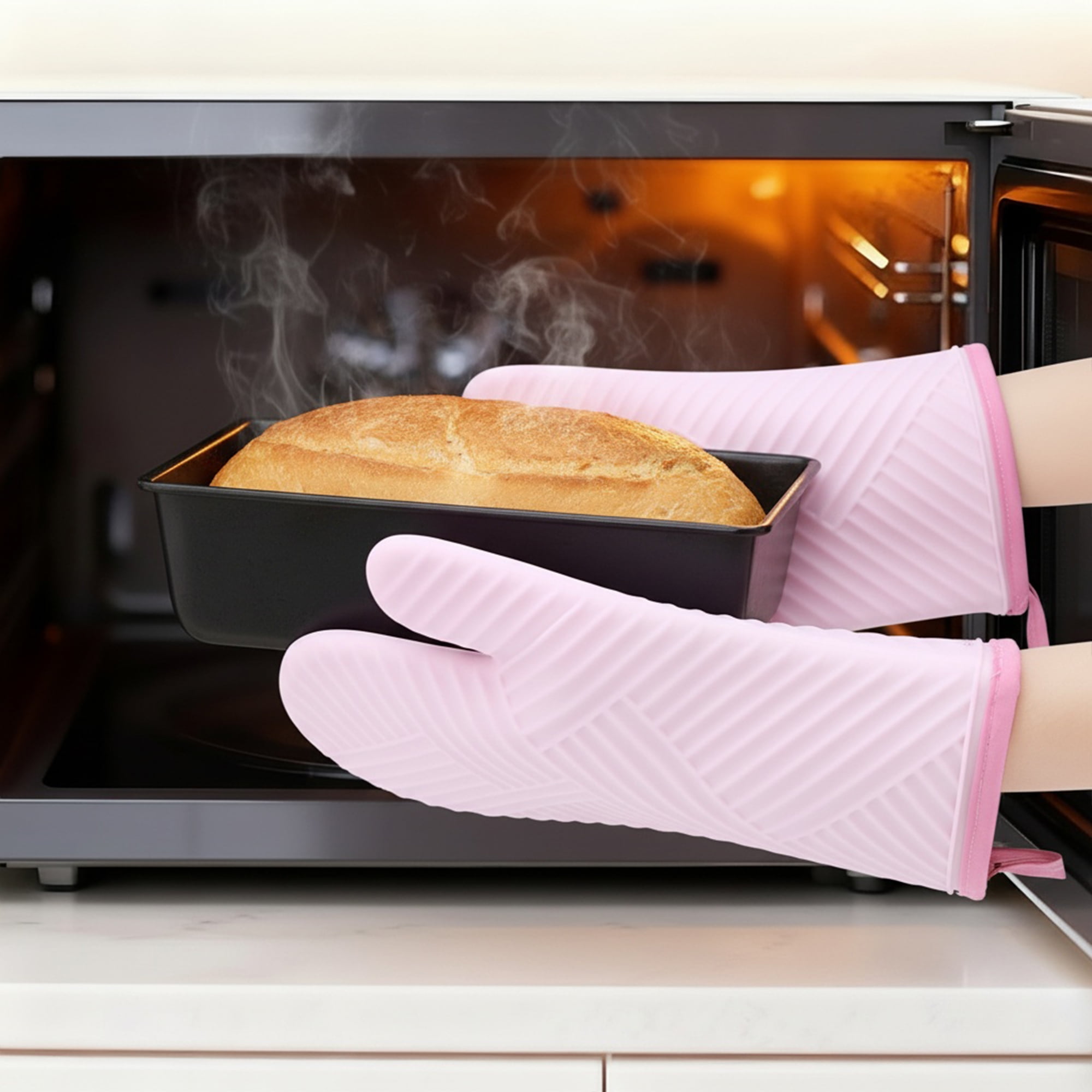 REGALWOVEN Oven Mitts and Pot Holders Sets of 4, Heat Resistant and Non-Slip Pink 13x7.5inch