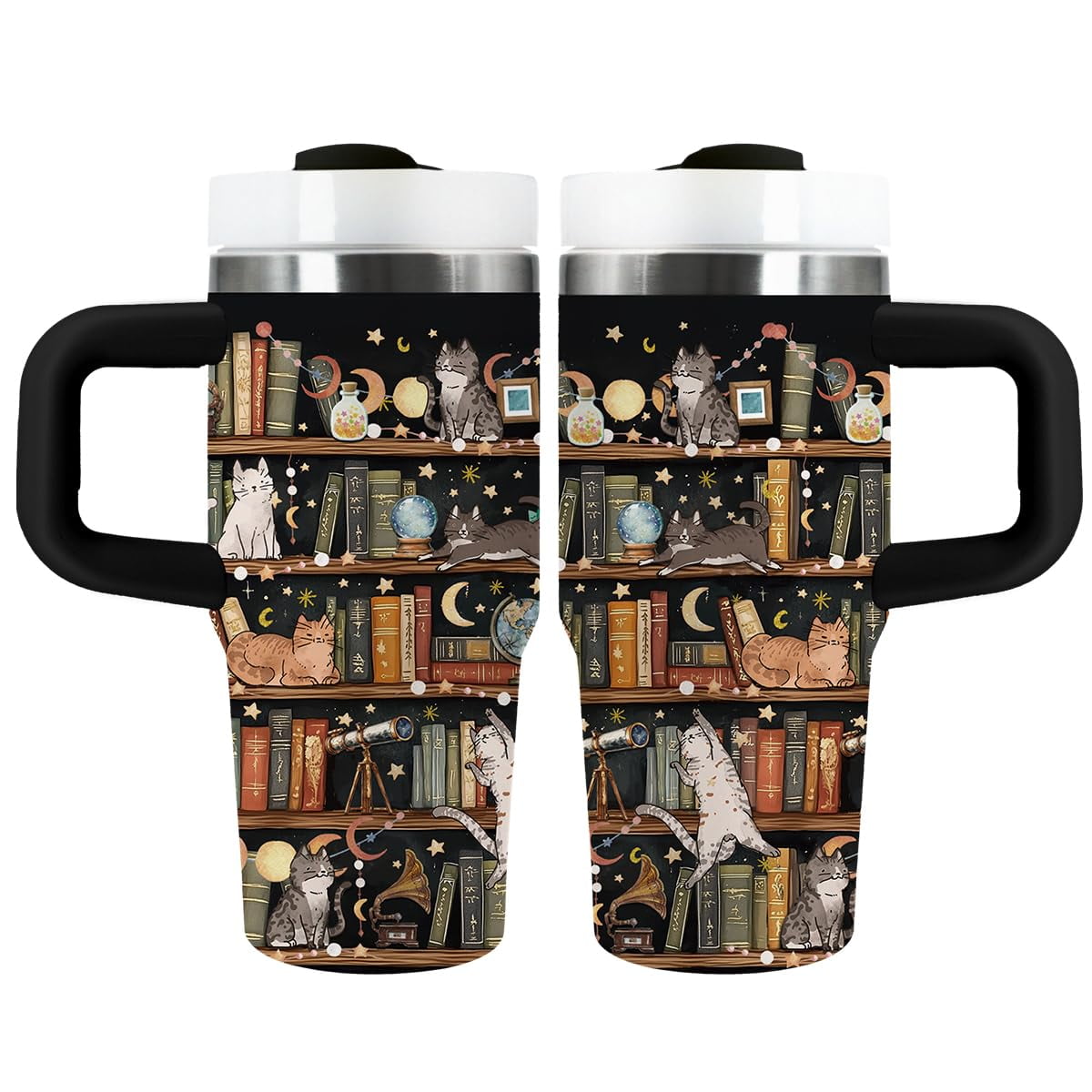 JOPJOLIW Book Lovers Gifts, 14oz Library Cat Tumbler with Handle, Bookish Gifts for Readers Librarian, Birthday Gift for Women, Book Accessories Stainless Steel Travel Mug