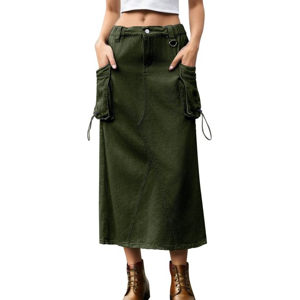 Gibobby faldas para mujer corta Falda de falda de carga de mezclilla con diseño de cordón de industria pesada informal de moda para mujer(Verdinegro, XL)