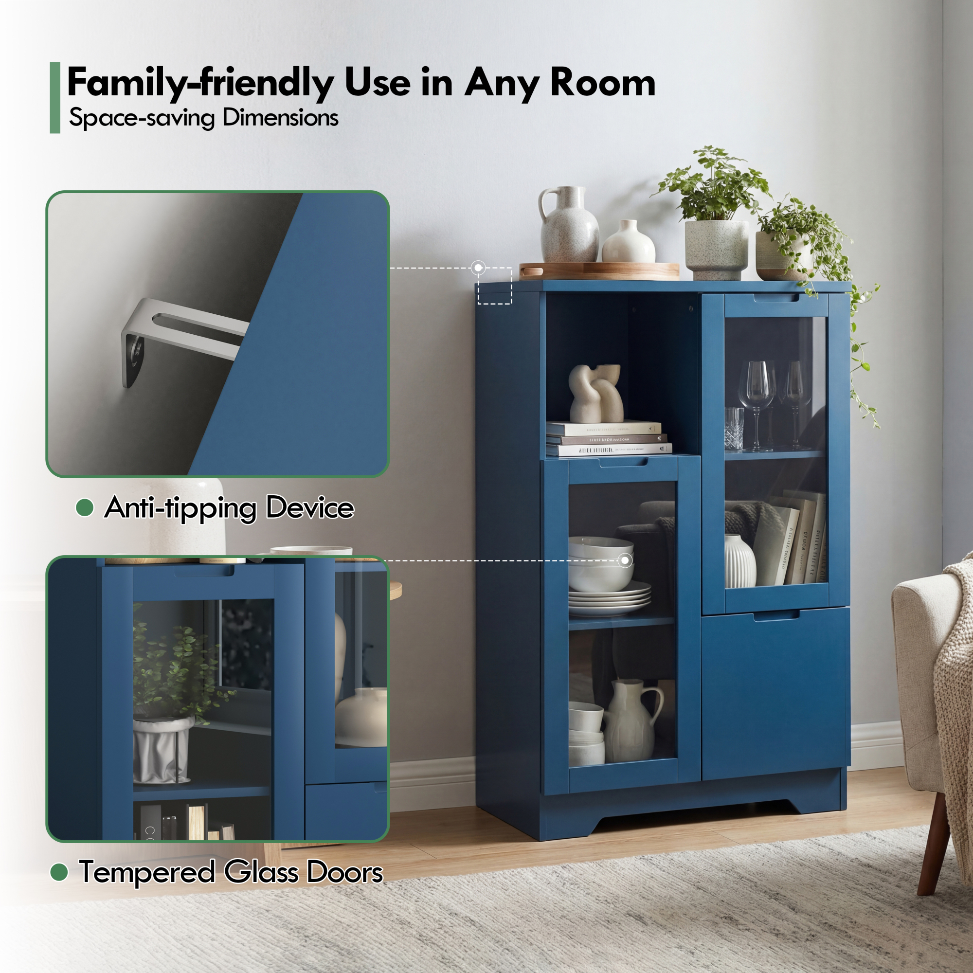 Leumius Sideboard Cabinet with Storage,Buffet Cabinet with Glass Doors & Drawer,Open Storage Cabinet for Living room,Blue