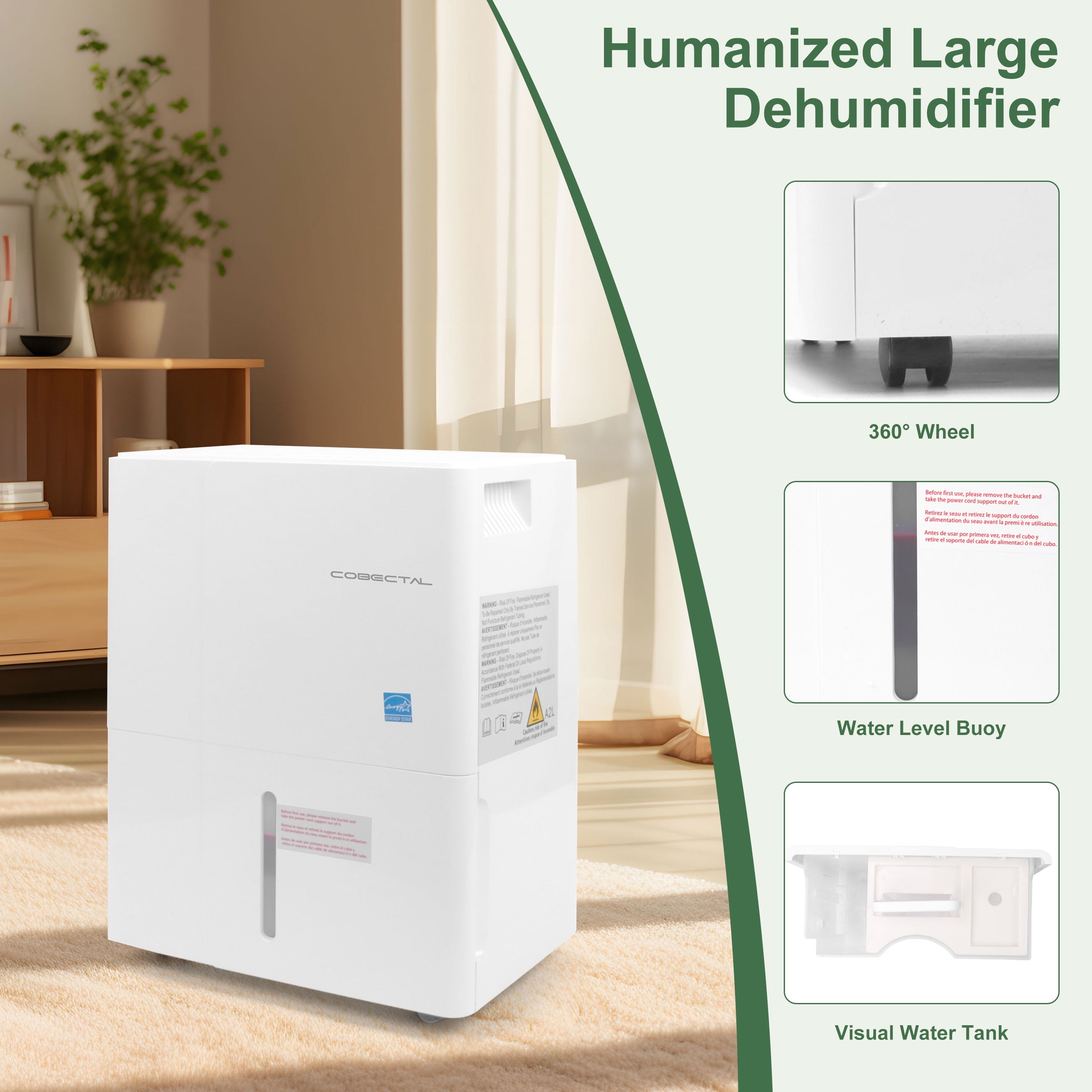 Cobectal 22 Pints Portable Dehumidifier for Basement and Home, 1500 Sq. Ft, 1.2-Gallon Water Tank
