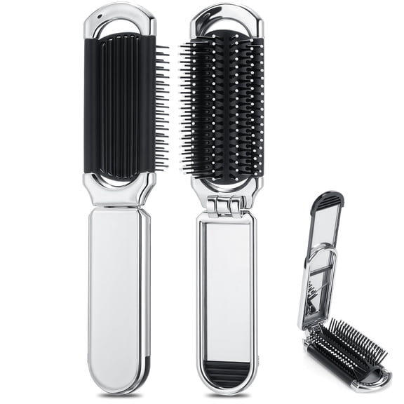 OPALESQUE 2 Pcs Folding Hair Brush with Mirror Portable Mini Hair Brush Small Compact Pocket Comb for Family Travel Car Gym Wig Bag Purse Gift (Silver)