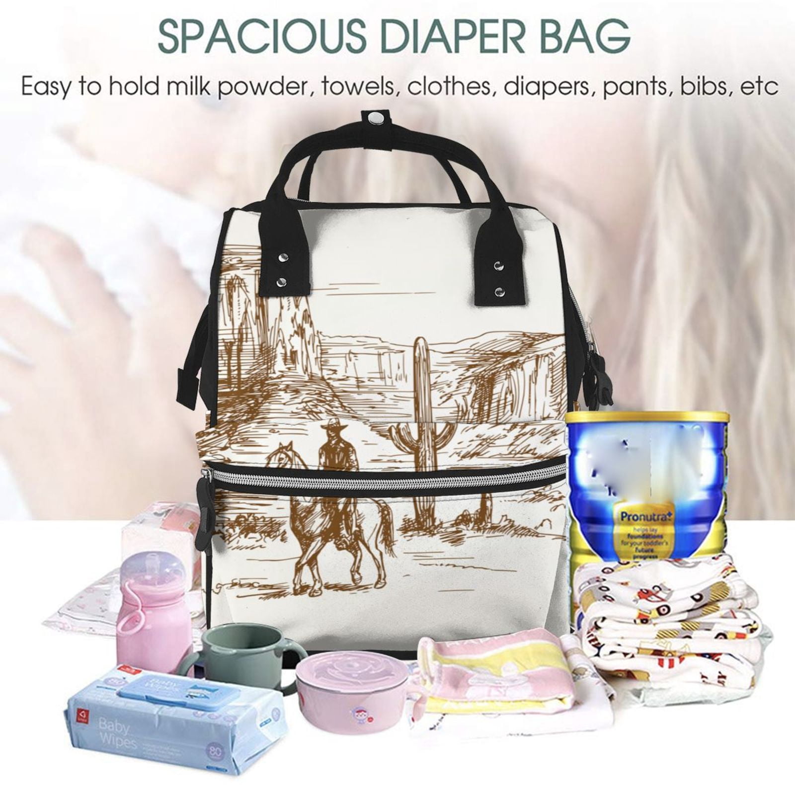 Ratiio Western Desert Cowboys Mummy Backpack - Waterproof Twill Canvas, Large Capacity Diaper Bag with Multiple Pockets and Adjustable Straps