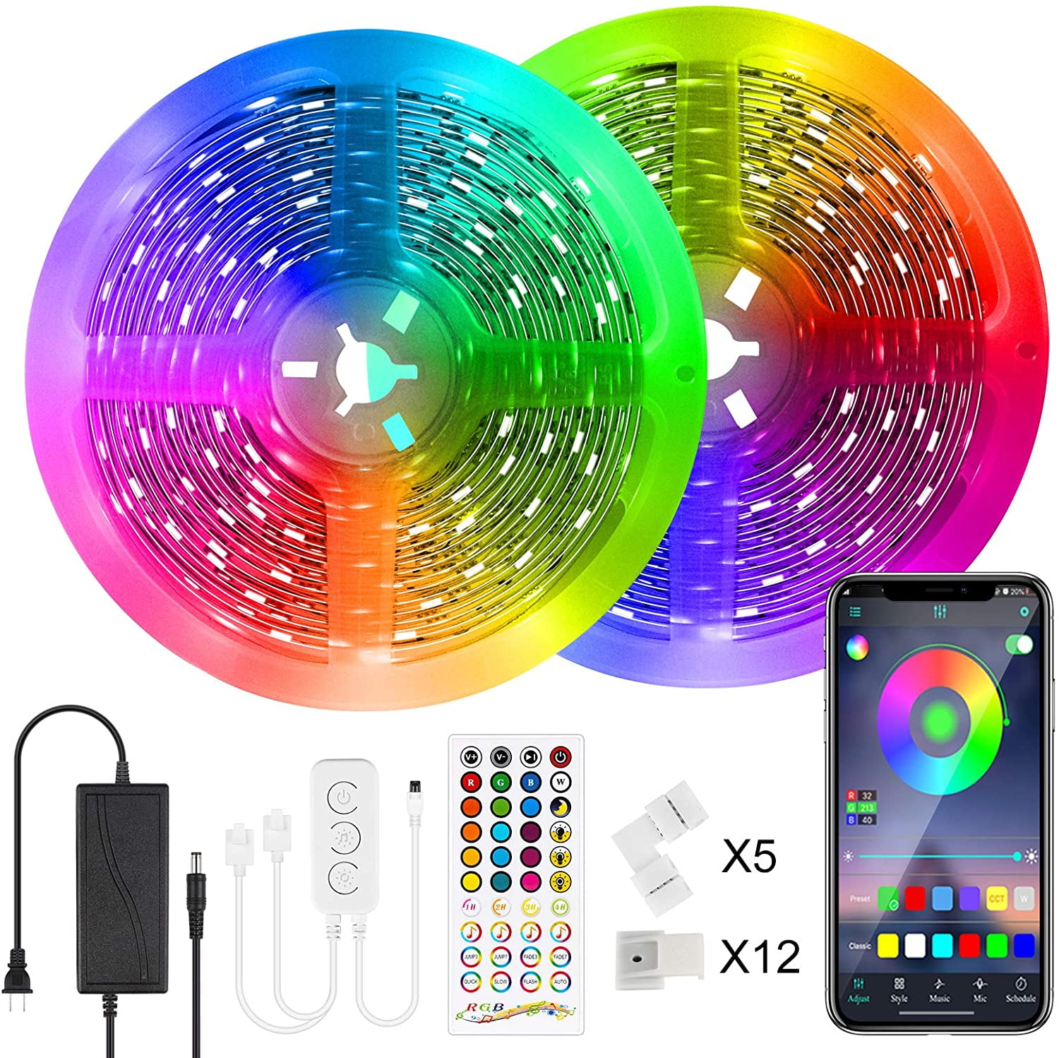 65.6ft Smart LED Light Strip SMD 5050 RGB Music Sync Color Lights APP Bluetooth 
