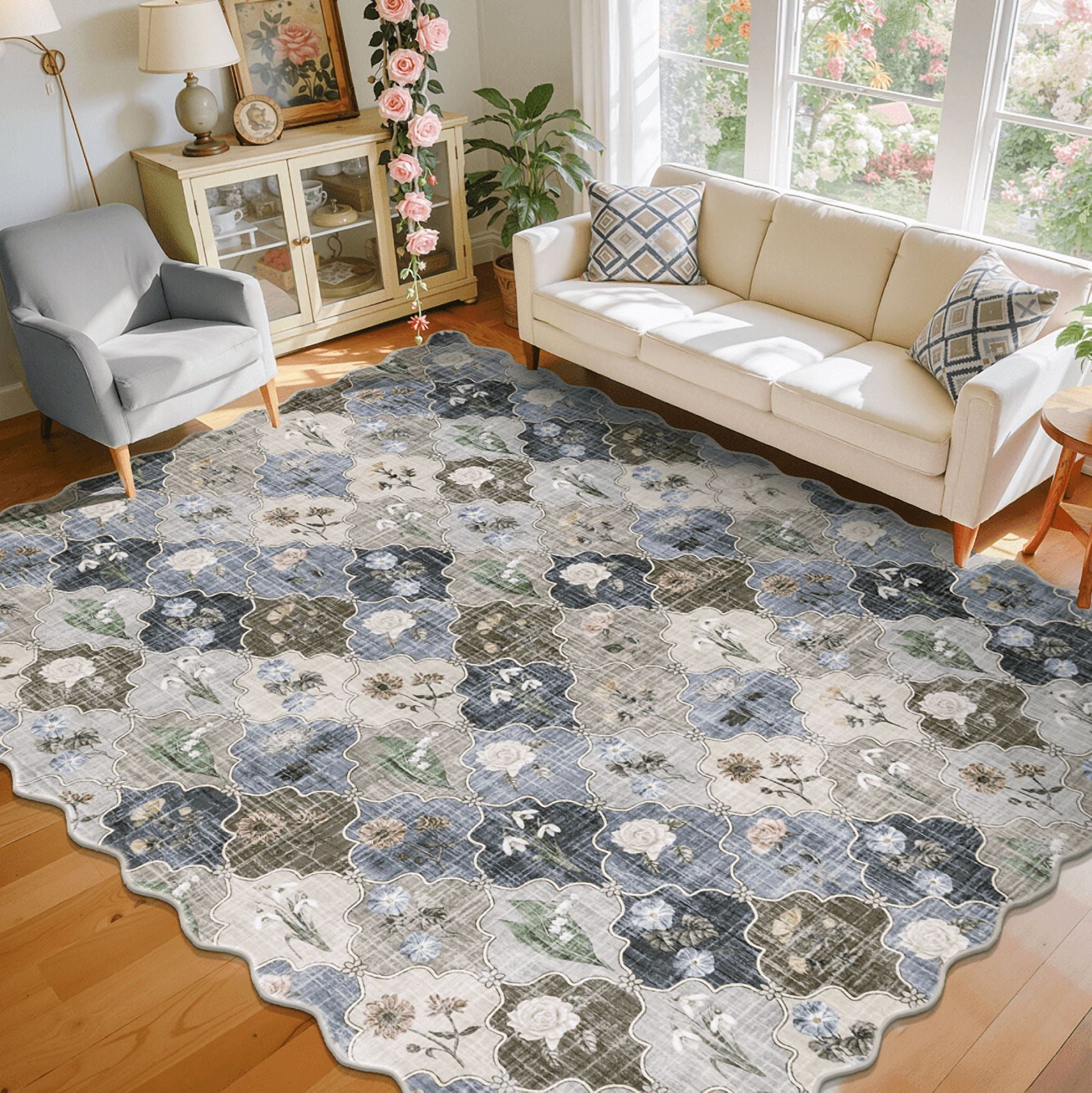 MJIAexp 8x10 Floral Moroccan Washable Area Rugs for Living Room,Soft Bedroom Large Rug,Non Slip Dining Room Rug, Stain Resistant Boho Rugs Easy Clean Throw Carpet for Office