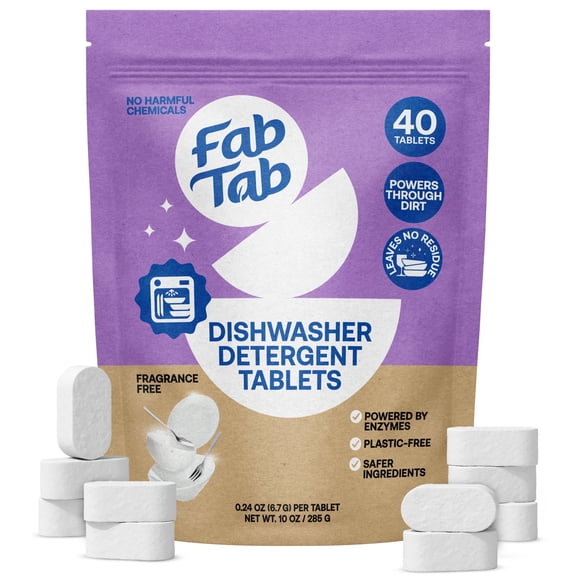 Fab Tab 100% Plastic-Free Dishwasher Detergent Tablets, Fragrance-Free & Unscented, 40 Count Dishwasher Pods