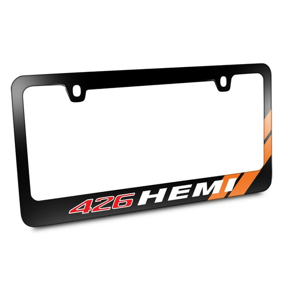 426 HEMI Orange Stripe Black Metal License Plate Frame