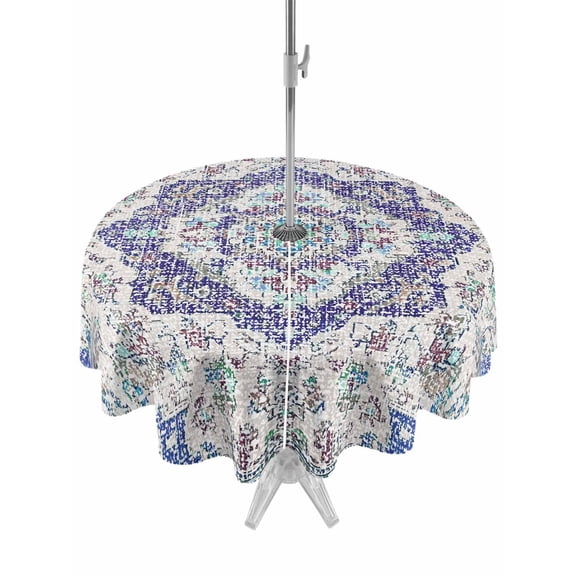 Outdoor Tablecloths with Umbrella Hole & Zipper, Blue Purple Boho Round Tablecloths 60 Inch, Vintage Abstract Art Floral Ethnic Tribe Waterproof Table Cloth, Patio/Pool/Picnic Table Covers