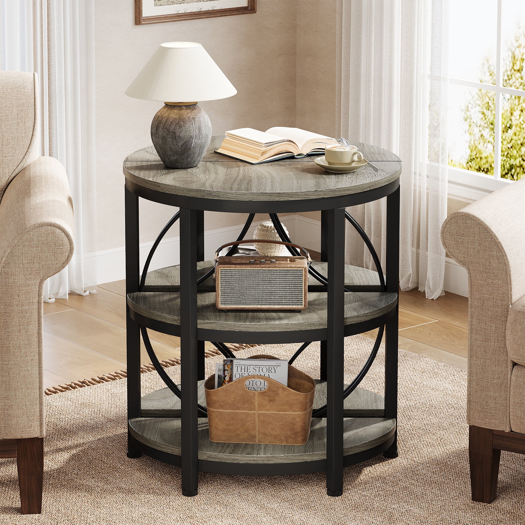 Fnova Farmhouse Half-Moon End Table, 3-Tier Storage Wood Side Table with Metal Frame, Modern Bedside Table, Narrow Sofa Table for Living Room Bedroom, Easy Assembly, Gray