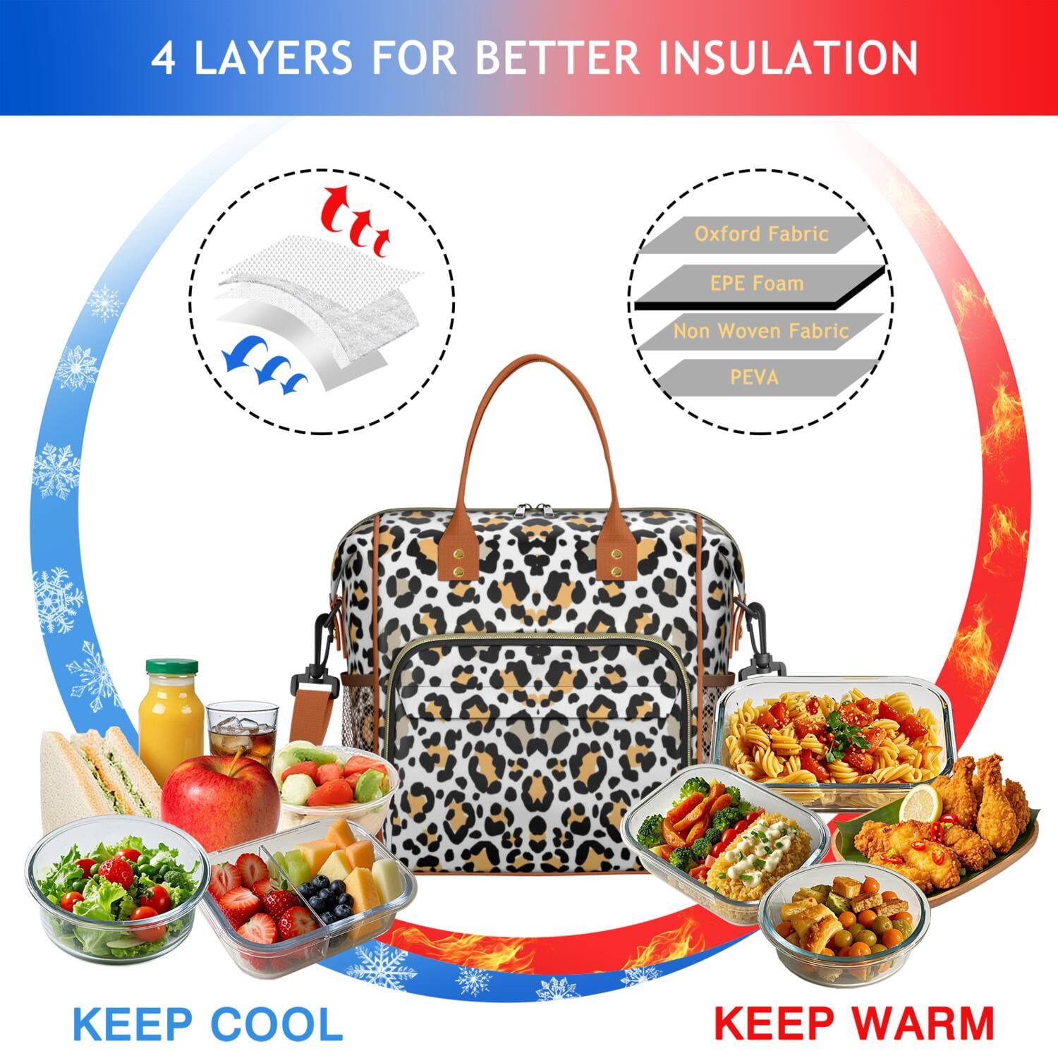 Cute Leopard Spots Insulated Lunch Bag – Reusable Cheetah Pattern Cooler Tote for Women, Leakproof Dual Compartment Design for Work, Travel