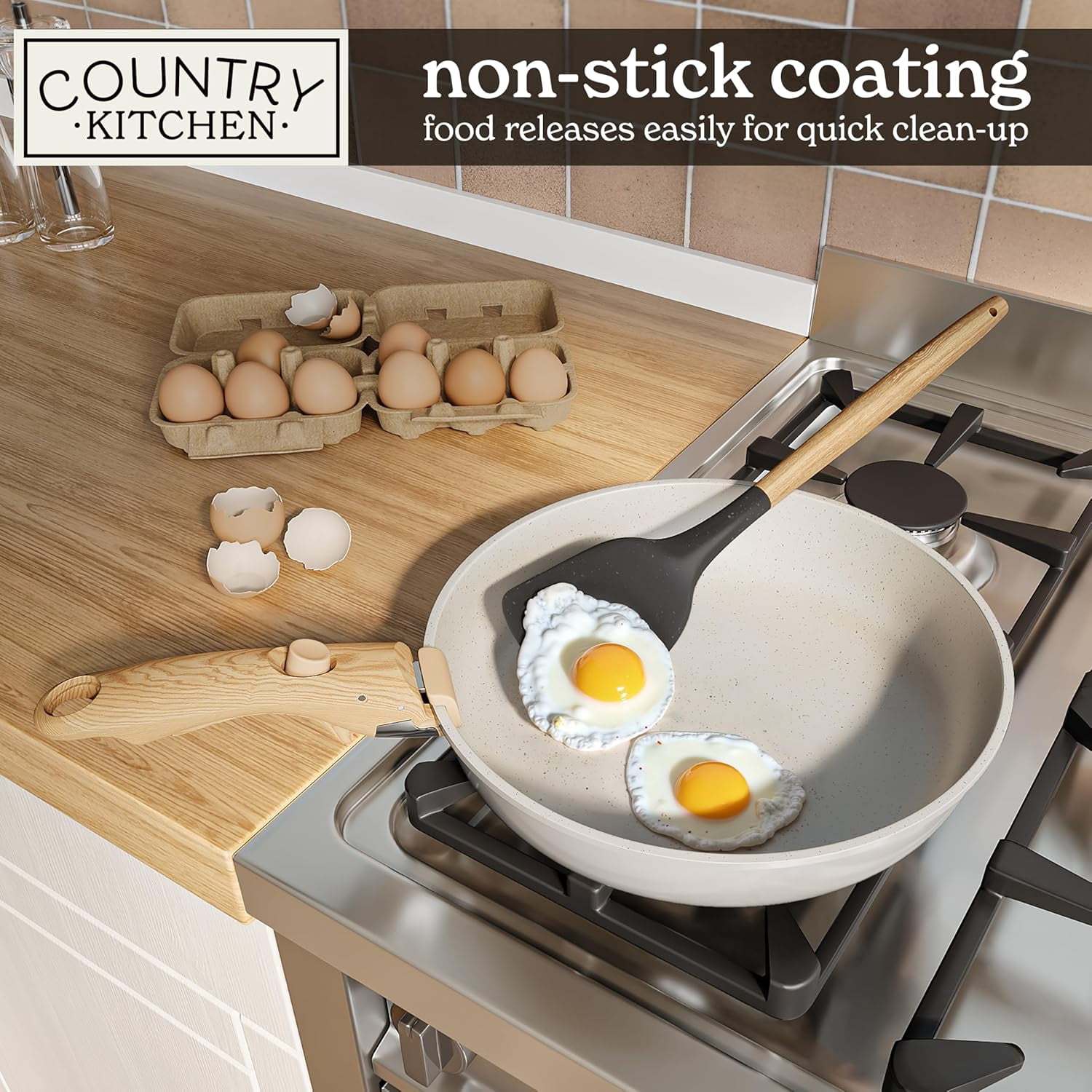 Country Kitchen Pots and Pans Cookware Set, 16-Piece, Ceramic Coated, Removable Handle, Cream