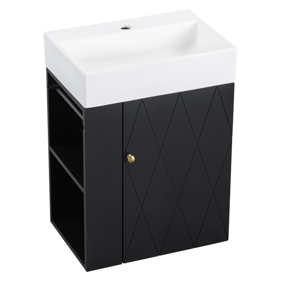 20 Inch Bathroom Vanity with Ceramic Sink, Black, MDF, Wall-Mounted