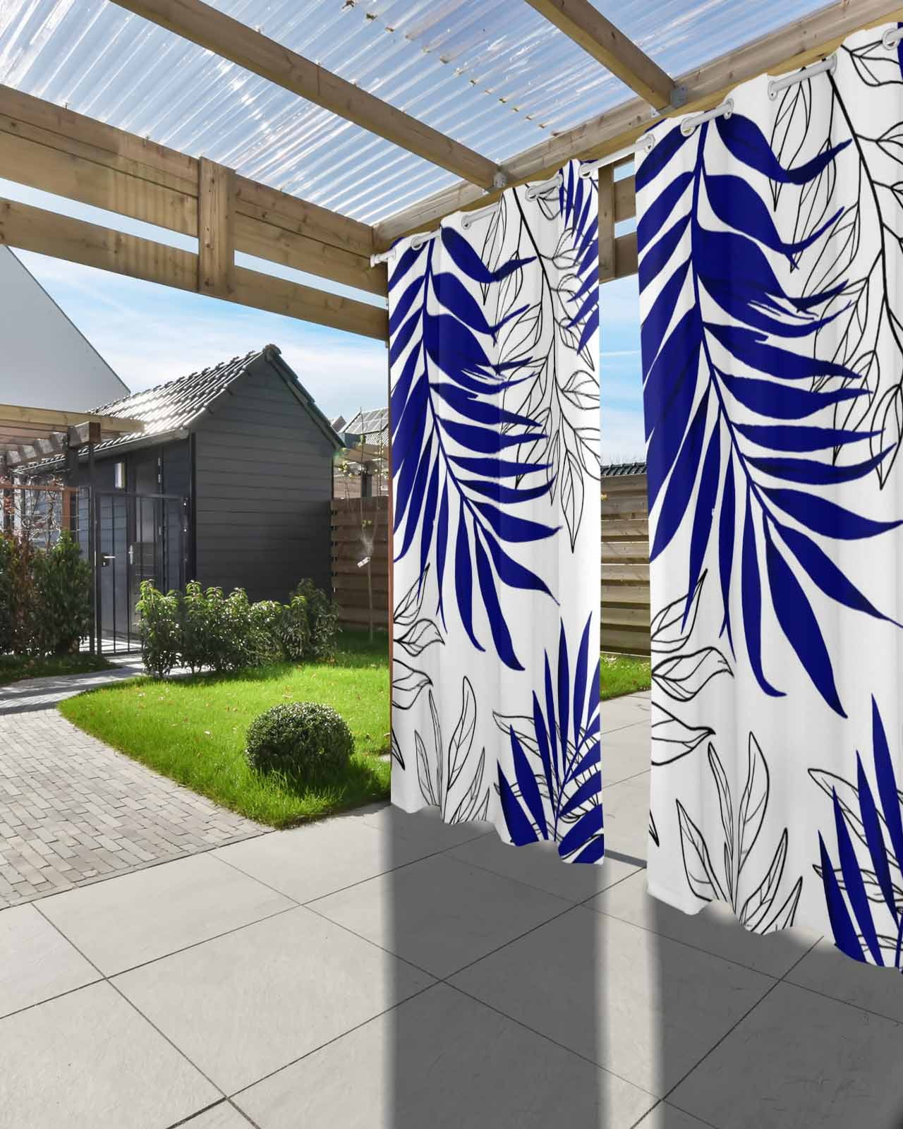 Blue Leaves Outdoor Curtains for Patio, Abstract Modern Geometric Lines Simple Art Privacy Drapes Grommet Waterproof Outside Curtains for Porch/Cabana/Balcony 54"x 84", 2 Panel
